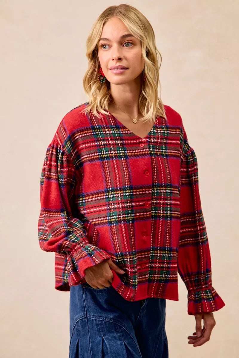 BiBi Christmas Plaid V-Neck Flounce Sleeve Jacket - Trendsi - Flyclothing LLC