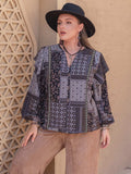 Plus Size Ruffled Printed Notched Long Sleeve Blouse - Trendsi - Flyclothing LLC
