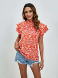 Ditsy Floral Mock Neck Flounce Sleeve Blouse - Trendsi - Flyclothing LLC