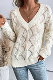 Openwork V-Neck Long Sleeve Sweater - Trendsi - Flyclothing LLC