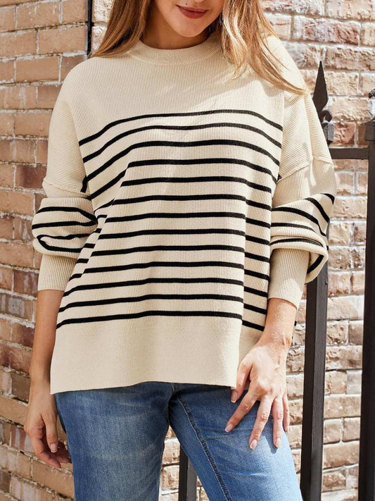 Striped Round Neck Long Sleeve Sweatshirt - Trendsi - Flyclothing LLC