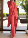 Full Size Slit Round Neck Long Sleeve Top and Pants Set - Trendsi - Flyclothing LLC