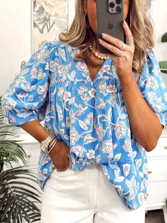 Notched Floral Print 3/4 Puff Sleeve Blouse - Trendsi - Flyclothing LLC