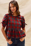 SO ME Christmas Holiday Plaid Ribbon Short Sleeves Top - Trendsi - Flyclothing LLC