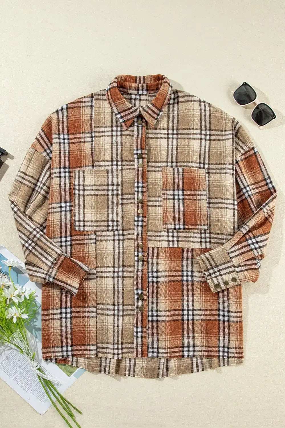 Plaid Snap Down Dropped Shoulder Shacket - Trendsi - Flyclothing LLC