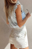 Frill Button Down Ruffled Cap Sleeve Denim Top - Trendsi - Flyclothing LLC
