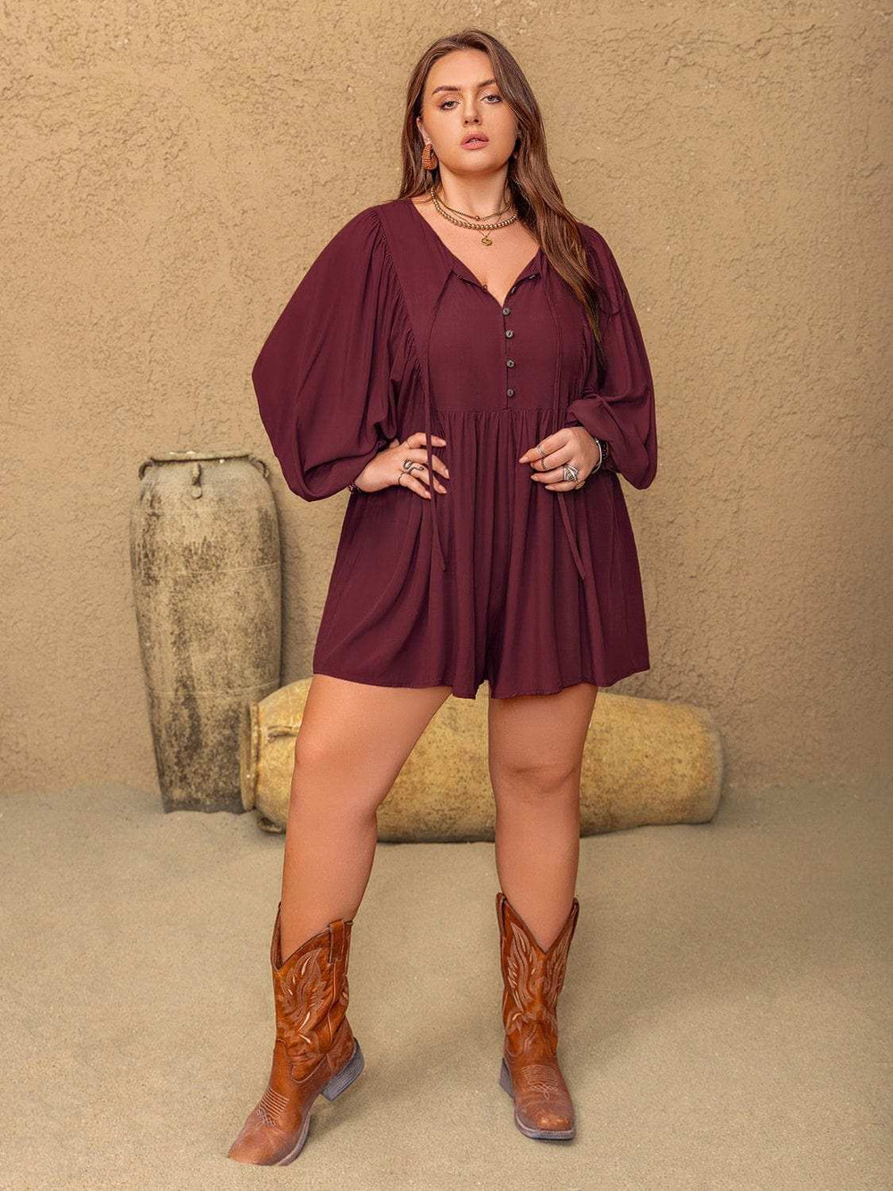 Plus Size Tie Neck Balloon Sleeve Romper - Trendsi - Flyclothing LLC