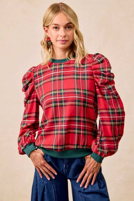 BiBi Christmas Plaid Exaggerated Shoulder Sleeves Top - Trendsi - Flyclothing LLC