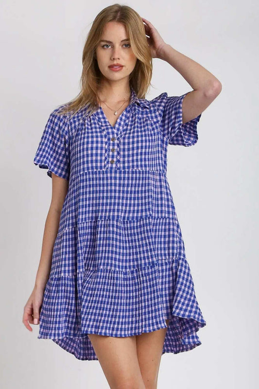 Umgee Full Size Gingham Tiered Button Detail Short Sleeve Dress Plus Size - Trendsi - Flyclothing LLC