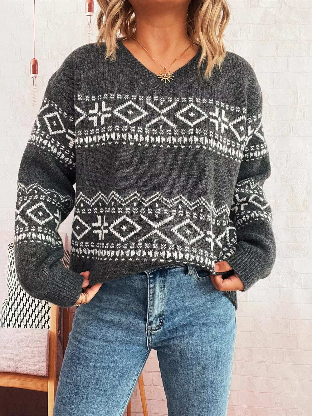 Geometric Dropped Shoulder Long Sleeve Sweater - Trendsi - Flyclothing LLC