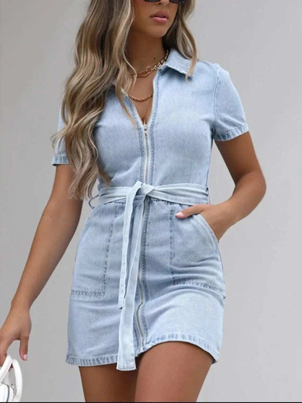 Full Size Zip Front Short Sleeve Denim Dress Plus Size - Trendsi - Flyclothing LLC
