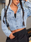Hooded Drawstring Cropped Denim Jacket - Trendsi - Flyclothing LLC