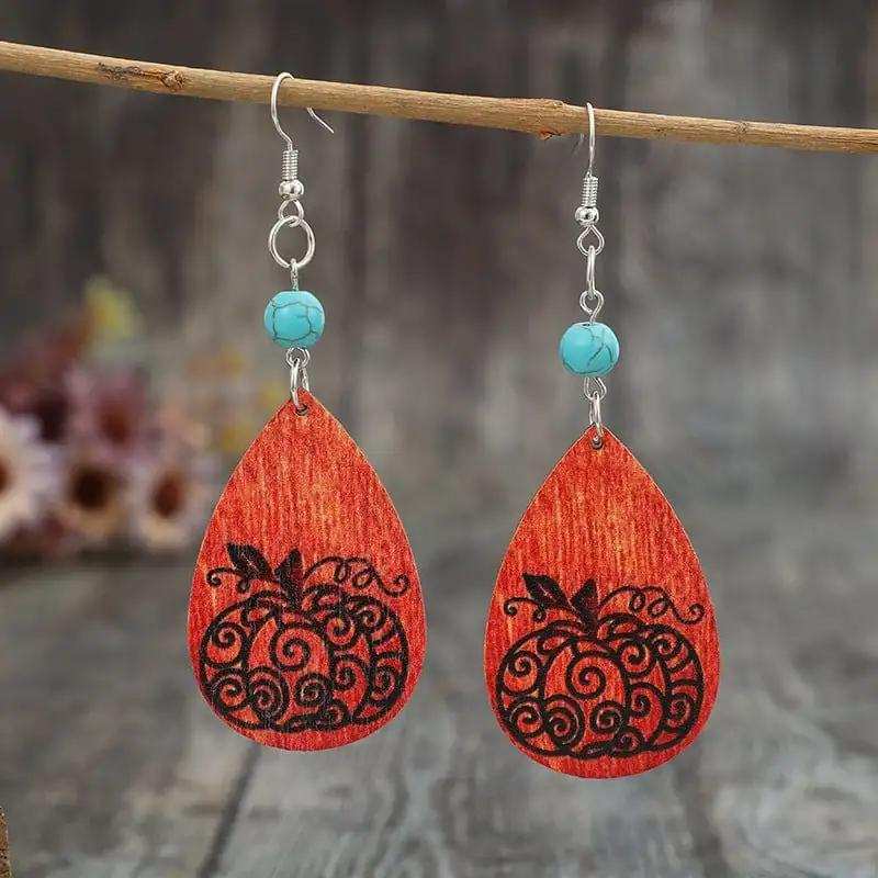 Turquoise Wooden Pumpkin Teardrop Earrings - Trendsi - Flyclothing LLC