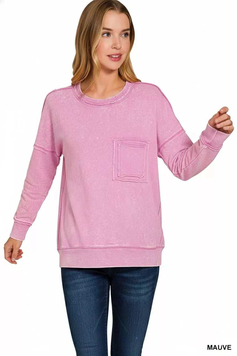 Zenana French Terry Washed Raw Edge Front Pocket Pullover - Trendsi - Flyclothing LLC
