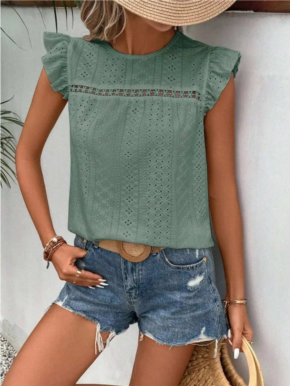 Eyelet Round Neck Cap Sleeve Top - Trendsi - Flyclothing LLC