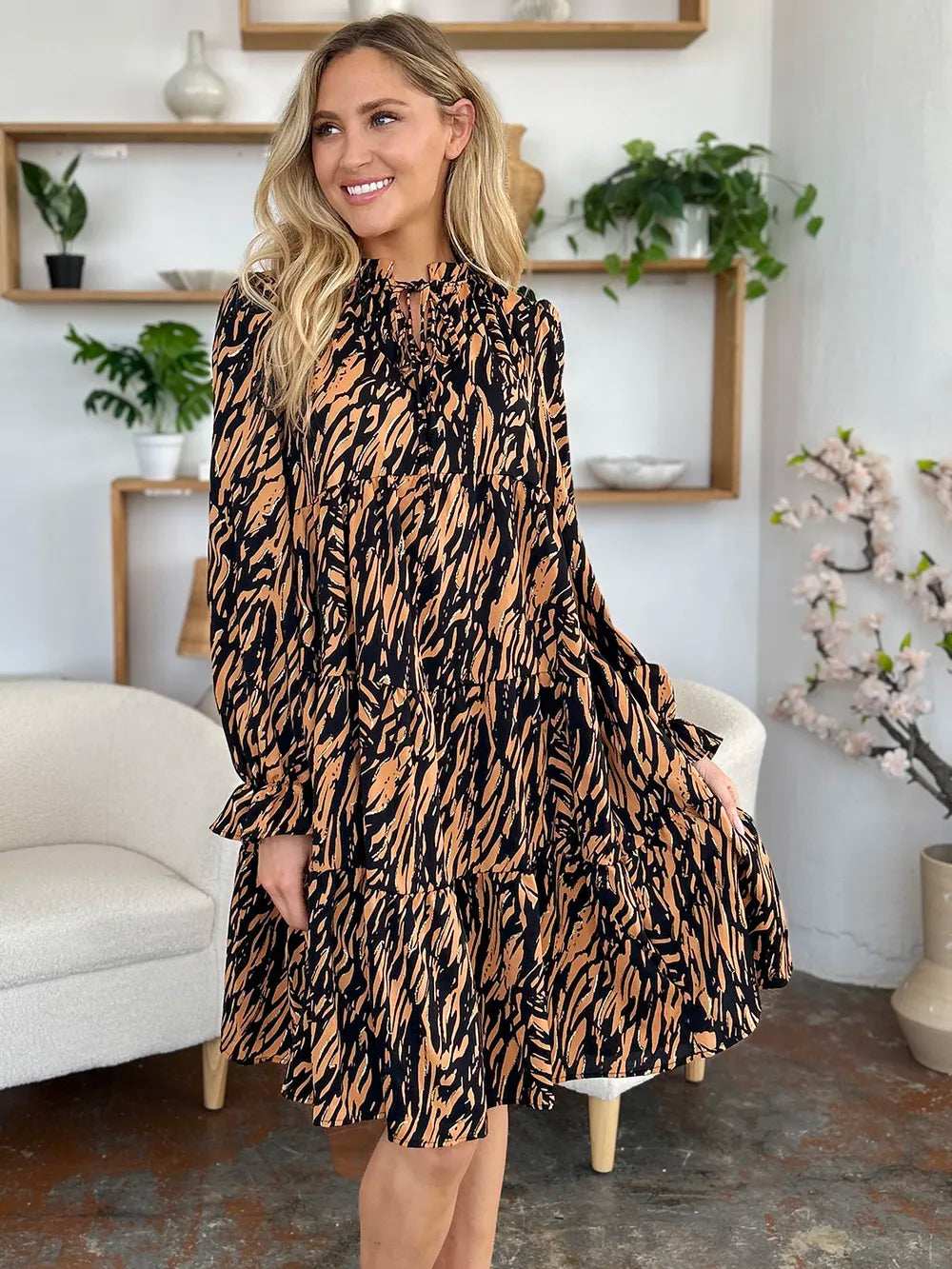 Double Take Full Size Printed Ruffle Hem Long Sleeve Dress - Trendsi - Flyclothing LLC