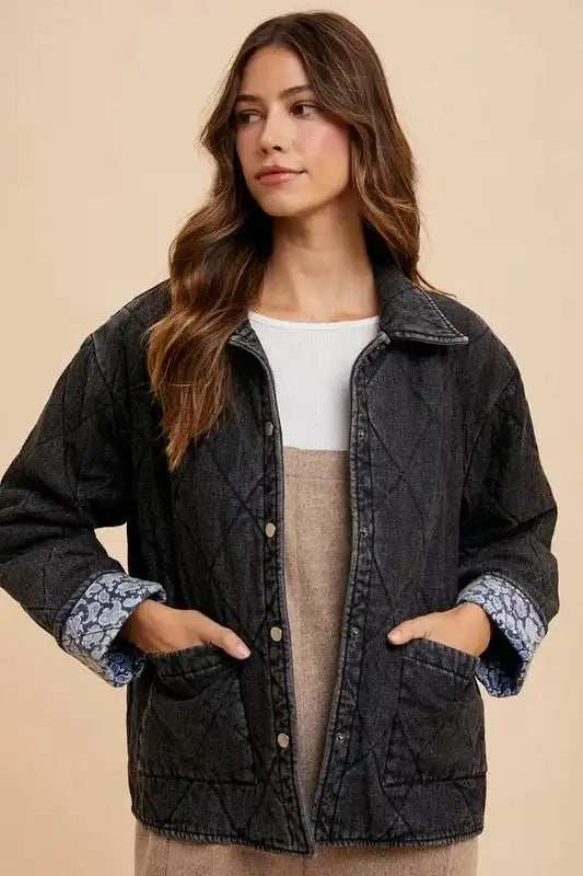 Annie Wear Quilted Printed Lining Snap Down Denim Jacket - Trendsi - Flyclothing LLC