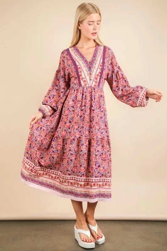 VERY J Floral Printed Boho V-Neck Balloon Sleeve Dress - Trendsi - Flyclothing LLC