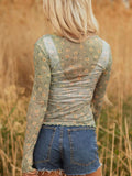 Floral Print Mesh Long Sleeve Top - Trendsi - Flyclothing LLC