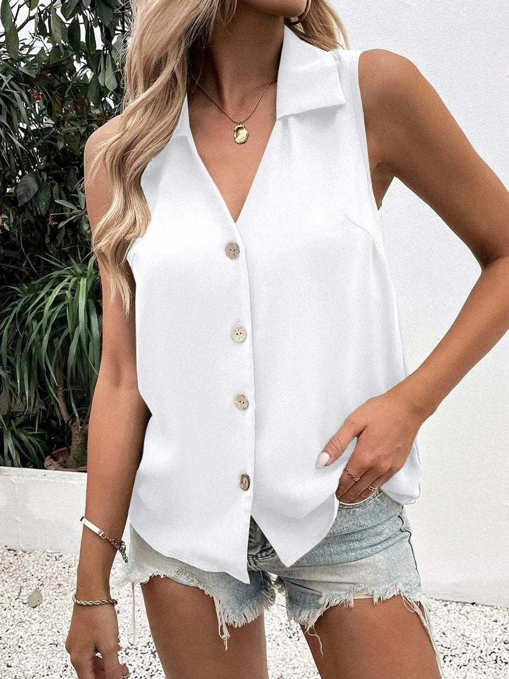 Full Size Johnny Collar Button Up Tank - Trendsi - Flyclothing LLC