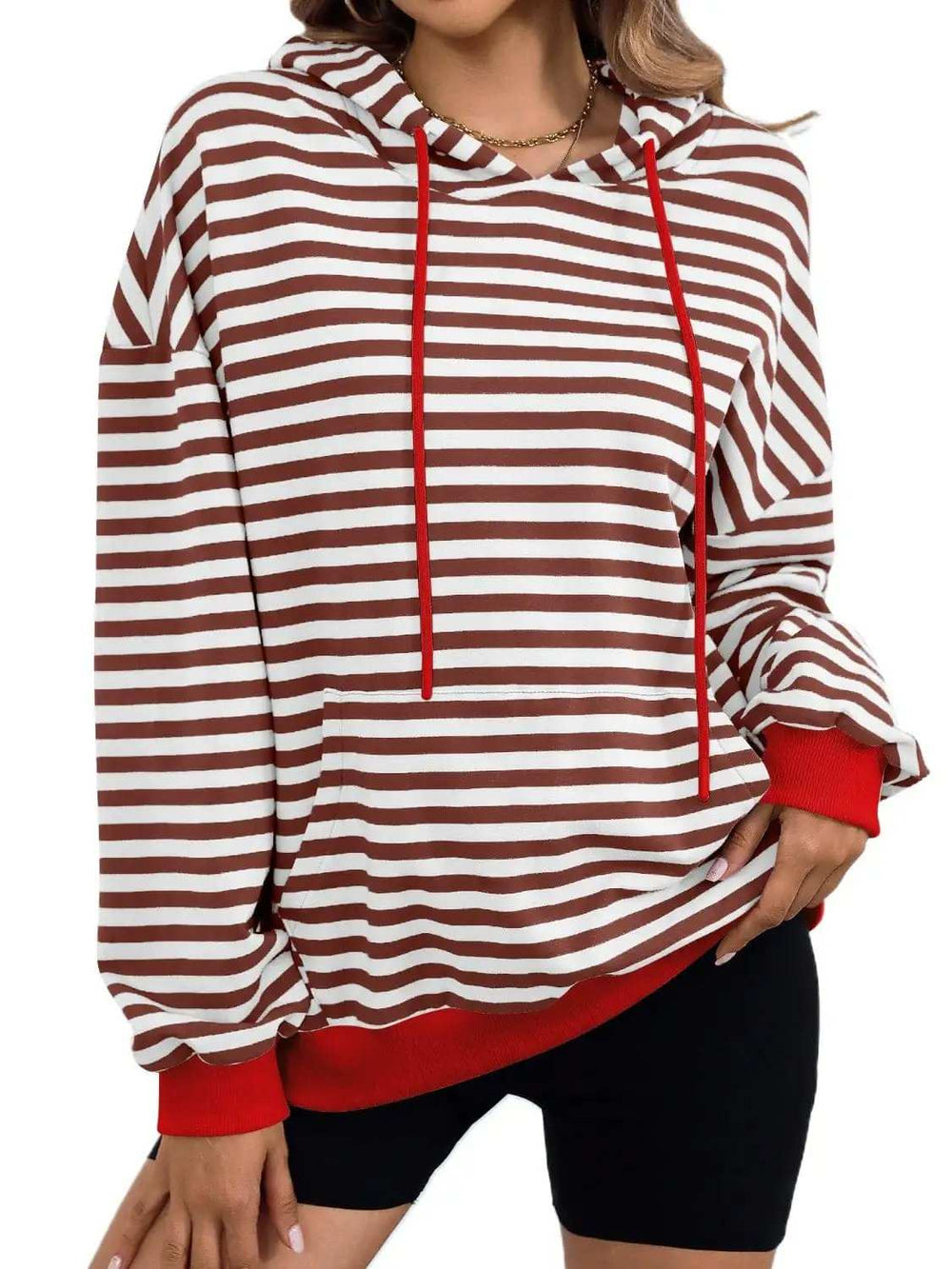 Drawstring Striped Long Sleeve Hoodie - Trendsi - Flyclothing LLC