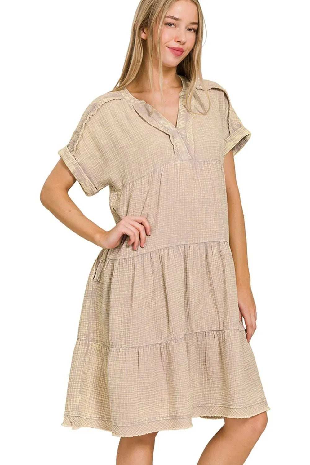 Zenana Washed Double Gauze Raw Edge Notched Dress - Trendsi - Flyclothing LLC