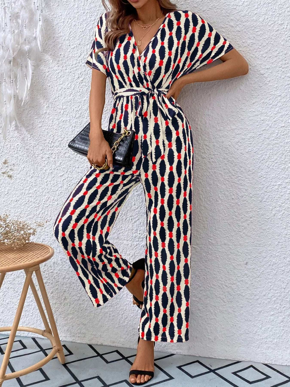 Printed Surplice Tie Waist Short Sleeve Jumpsuit - Trendsi - Flyclothing LLC