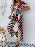 Printed Surplice Tie Waist Short Sleeve Jumpsuit - Trendsi - Flyclothing LLC