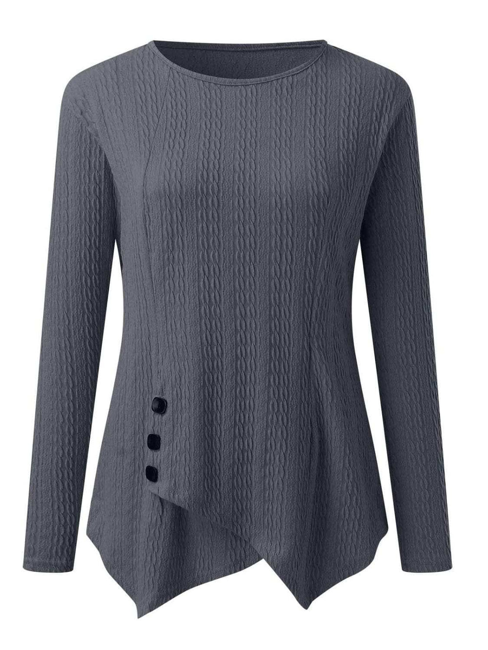 Decorative Button Round Neck Long Sleeve Top - Trendsi - Flyclothing LLC