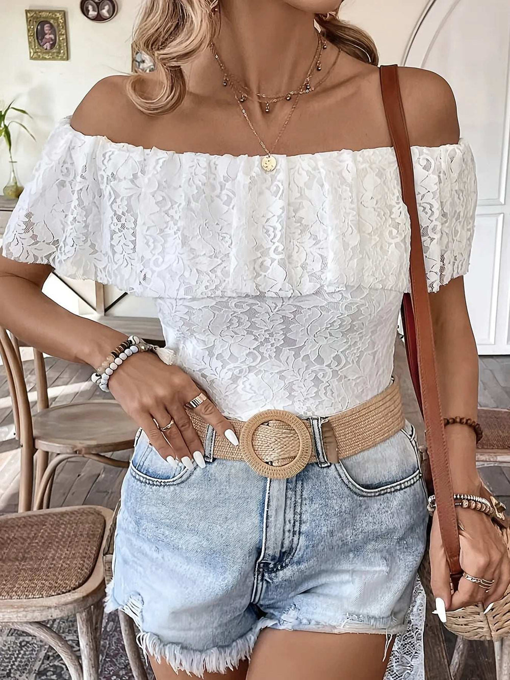 Off Shoulder Lace Ruffle Blouse - Trendsi - Flyclothing LLC