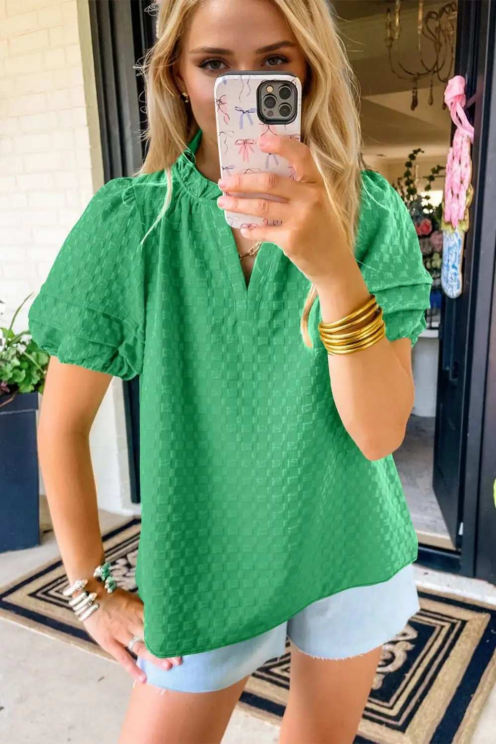 Oh Full Size Frill Notched Puff Sleeve Blouse - Trendsi - Flyclothing LLC