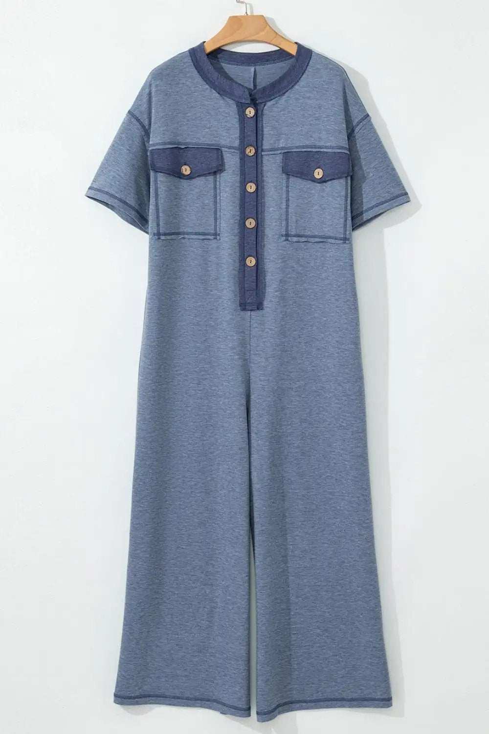 Placket Chest Pockets Short Sleeve Wide Leg Jumpsuit - Trendsi - Flyclothing LLC