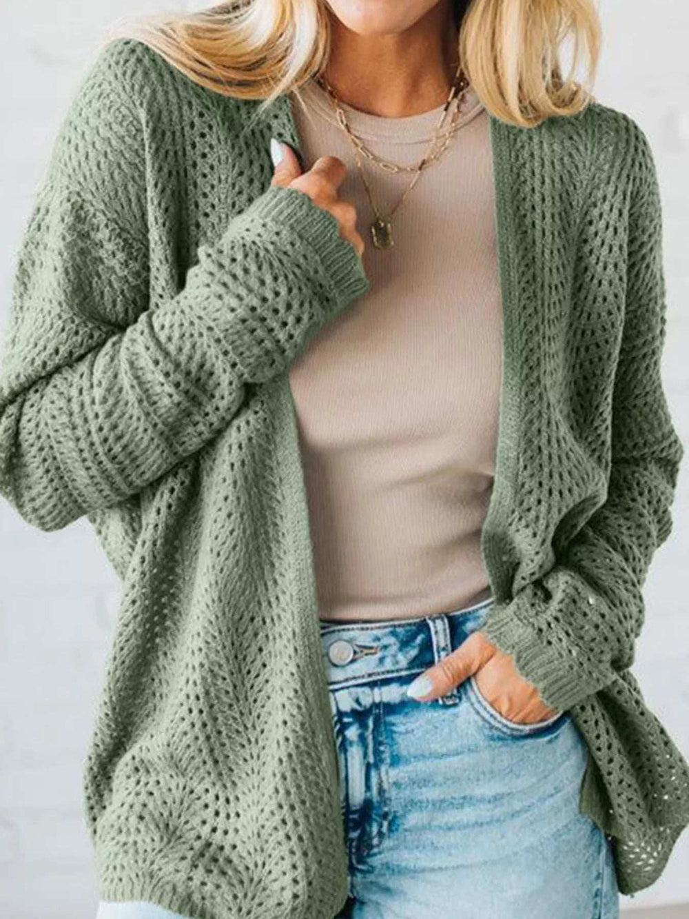 Scalloped Edge Eyelet Knit Batwing Sleeve Cardigan - Trendsi - Flyclothing LLC
