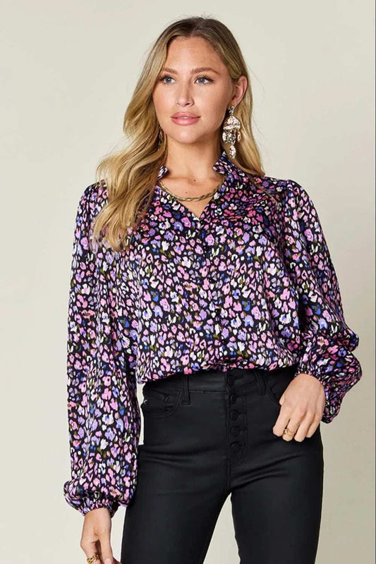 Double Take Full Size Printed Balloon Sleeve Shirt - Trendsi - Flyclothing LLC