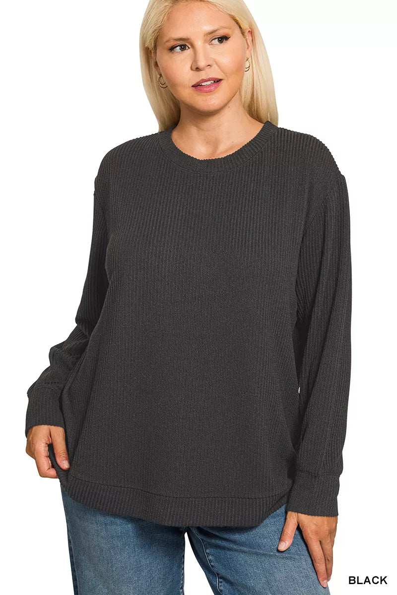 Zenana Full Size Raised Rib Round Neck Long Sleeve Top Plus Size - Trendsi - Flyclothing LLC