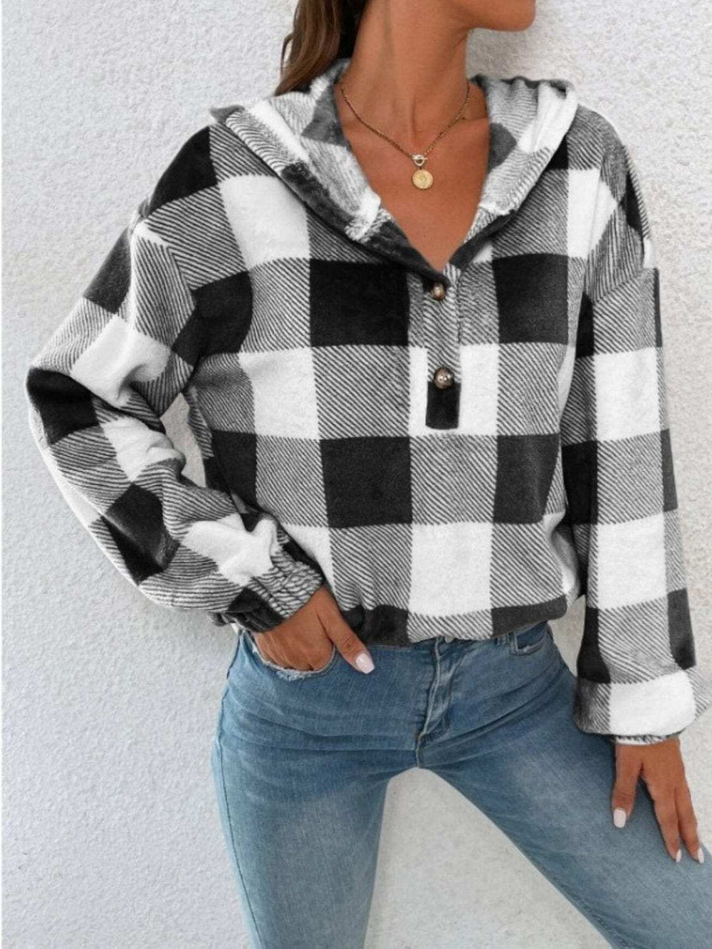 Plaid Half Button Long Sleeve Hoodie - Trendsi - Flyclothing LLC