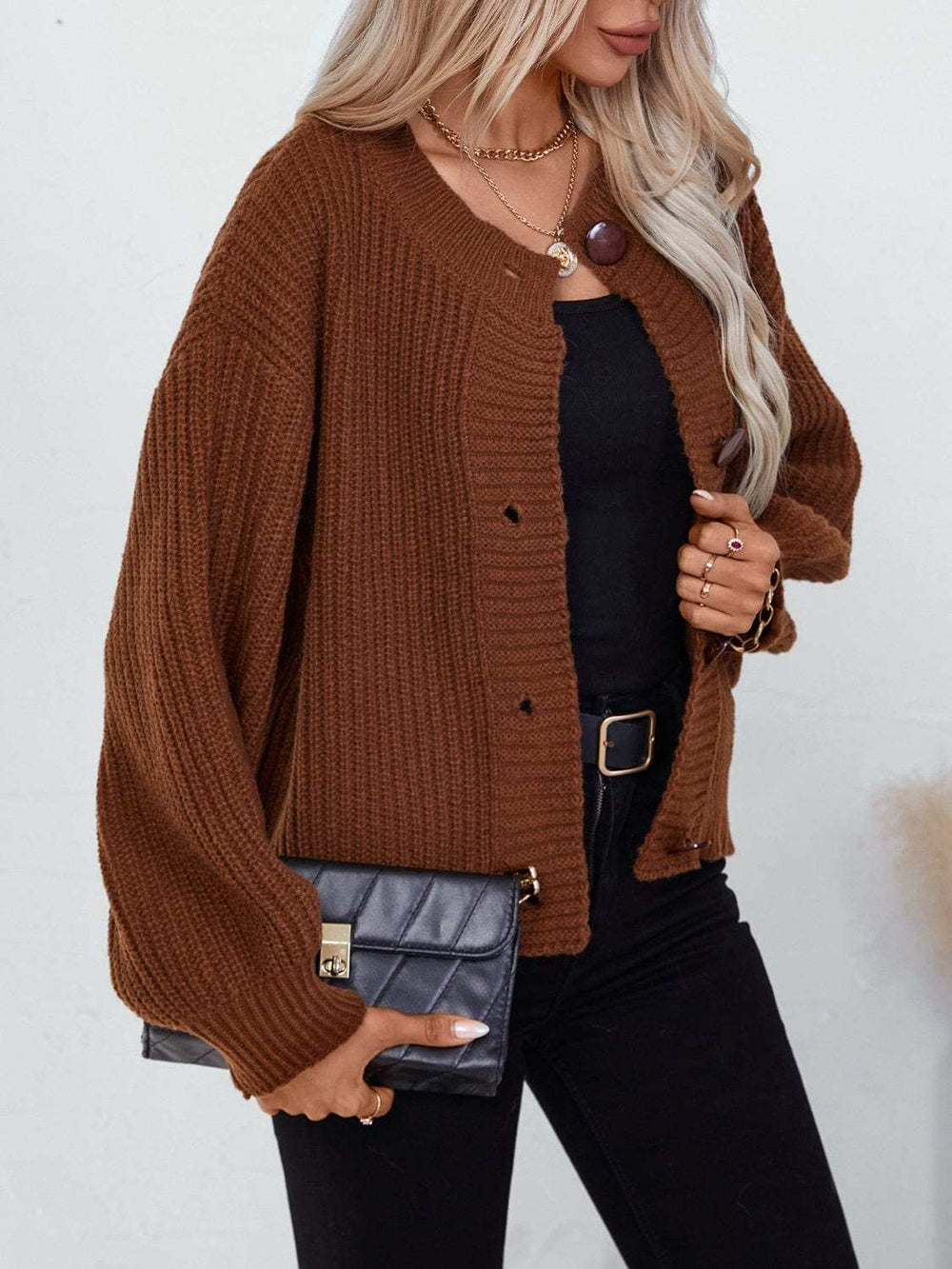 Button Down Long Sleeve Cardigan - Trendsi - Flyclothing LLC