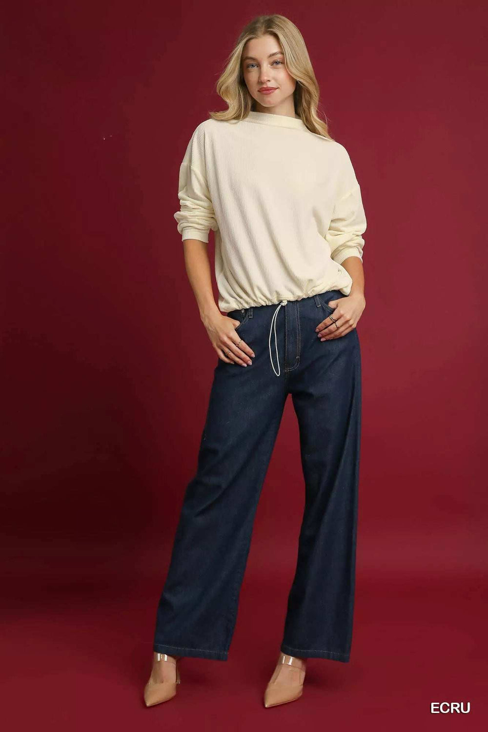 Umgee Ribbed Drawstring Hem Knit Top - Trendsi - Flyclothing LLC