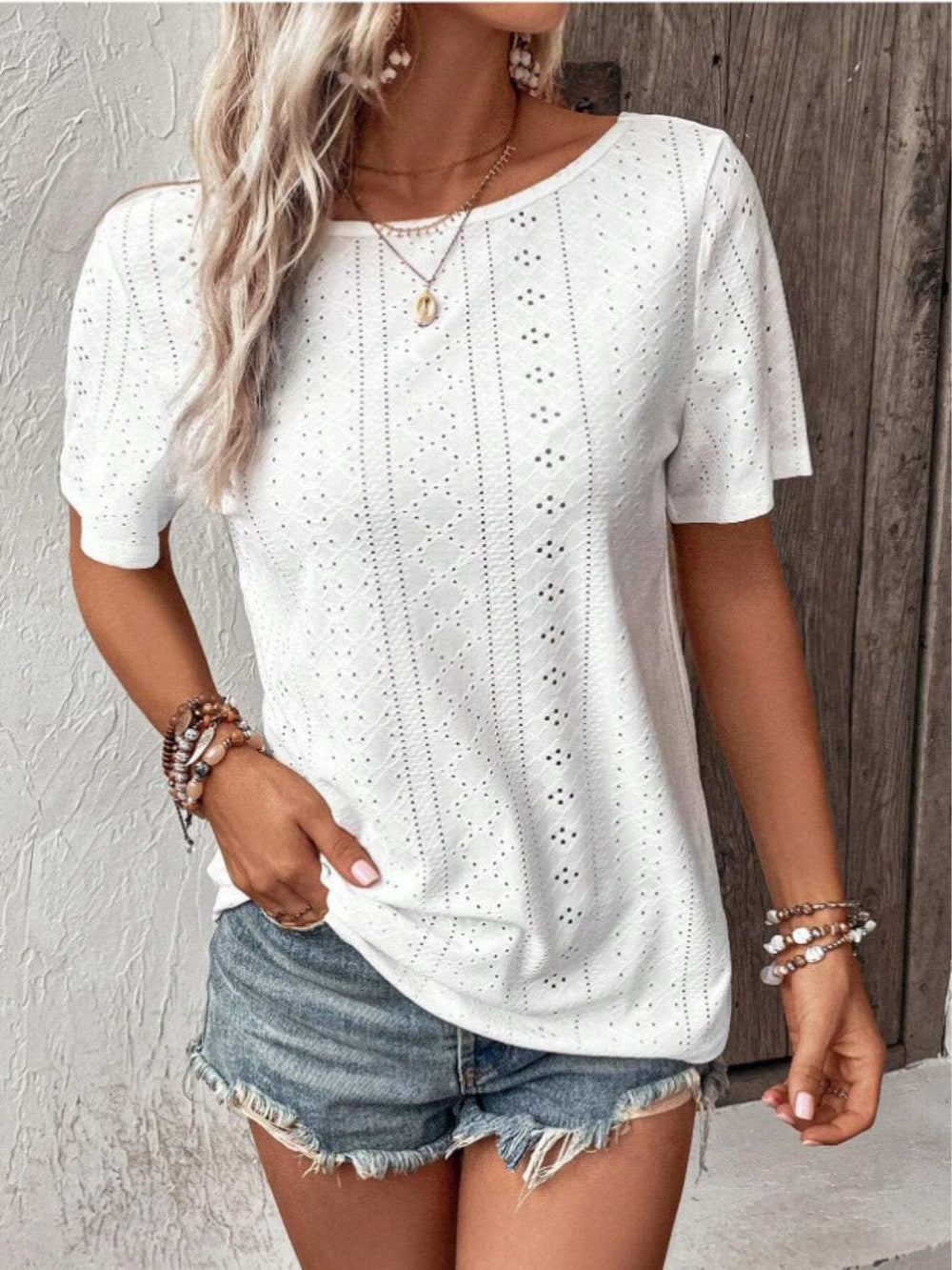 Lace Detail Eyelet Short Sleeve Blouse - Trendsi - Flyclothing LLC
