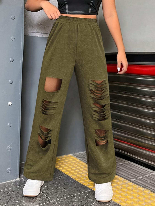 Distressed Elastic Waist Straight Leg Pants - Trendsi - Flyclothing LLC