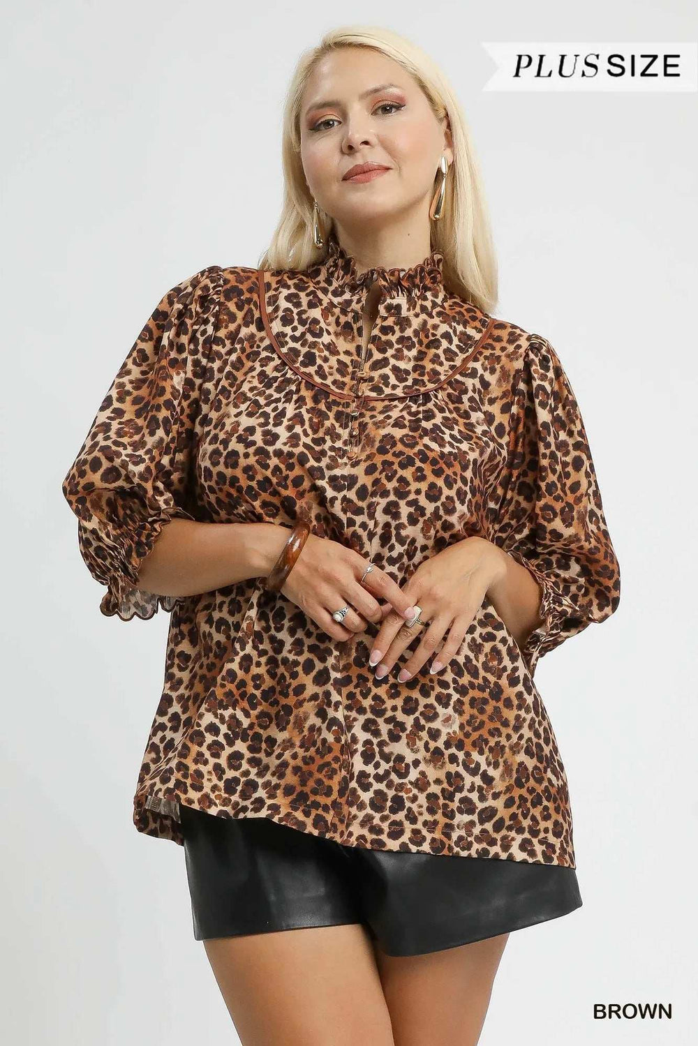 Umgee Full Size Leopard Print Ruffle Neck Blouse Plus Size - Trendsi - Flyclothing LLC