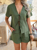 Devine Tied V-Neck Short Sleeve Top and Shorts Set - Trendsi - Flyclothing LLC