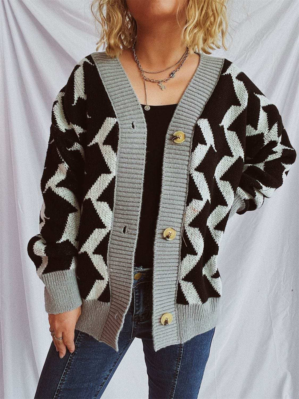 Contrast Trim Geometric V-Neck Long Sleeve Cardigan - Trendsi - Flyclothing LLC