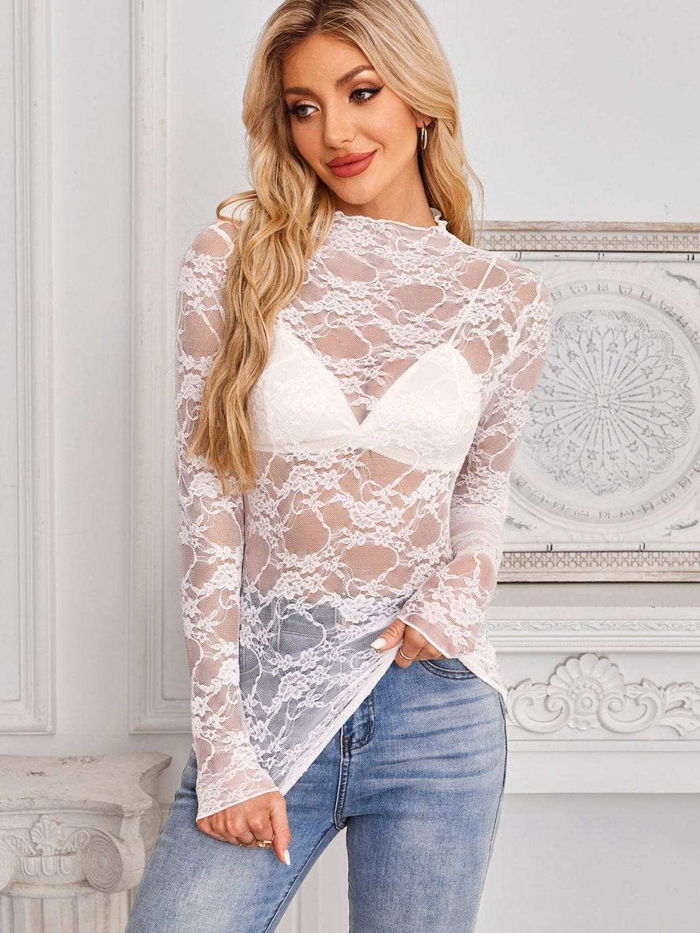 Mock Neck Long Sleeve Lace Sheer Top - Trendsi - Flyclothing LLC