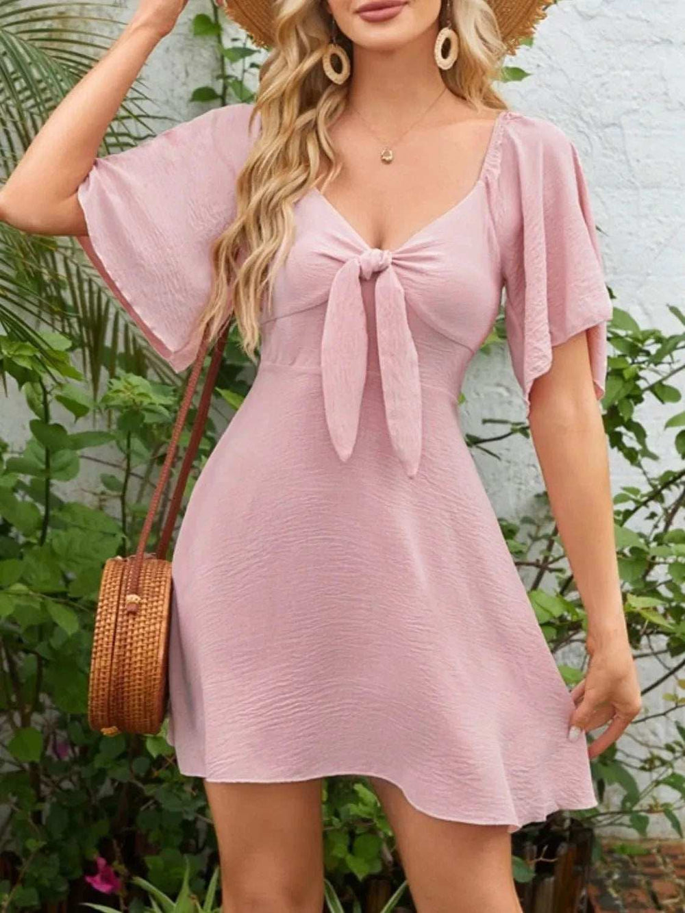 Smocked Back Knotted Flutter Sleeve Dress - Trendsi - Flyclothing LLC