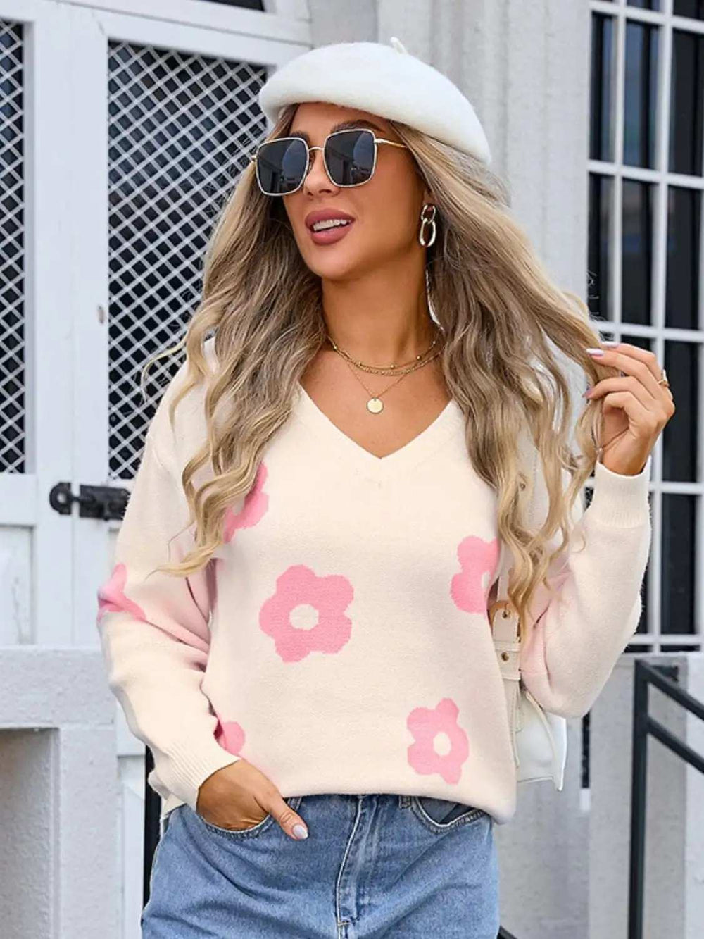 Flower V-Neck Long Sleeve Sweater - Trendsi - Flyclothing LLC