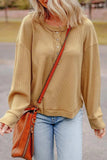 Waffle-Knit Half Button Round Neck Long Sleeve Top - Trendsi - Flyclothing LLC