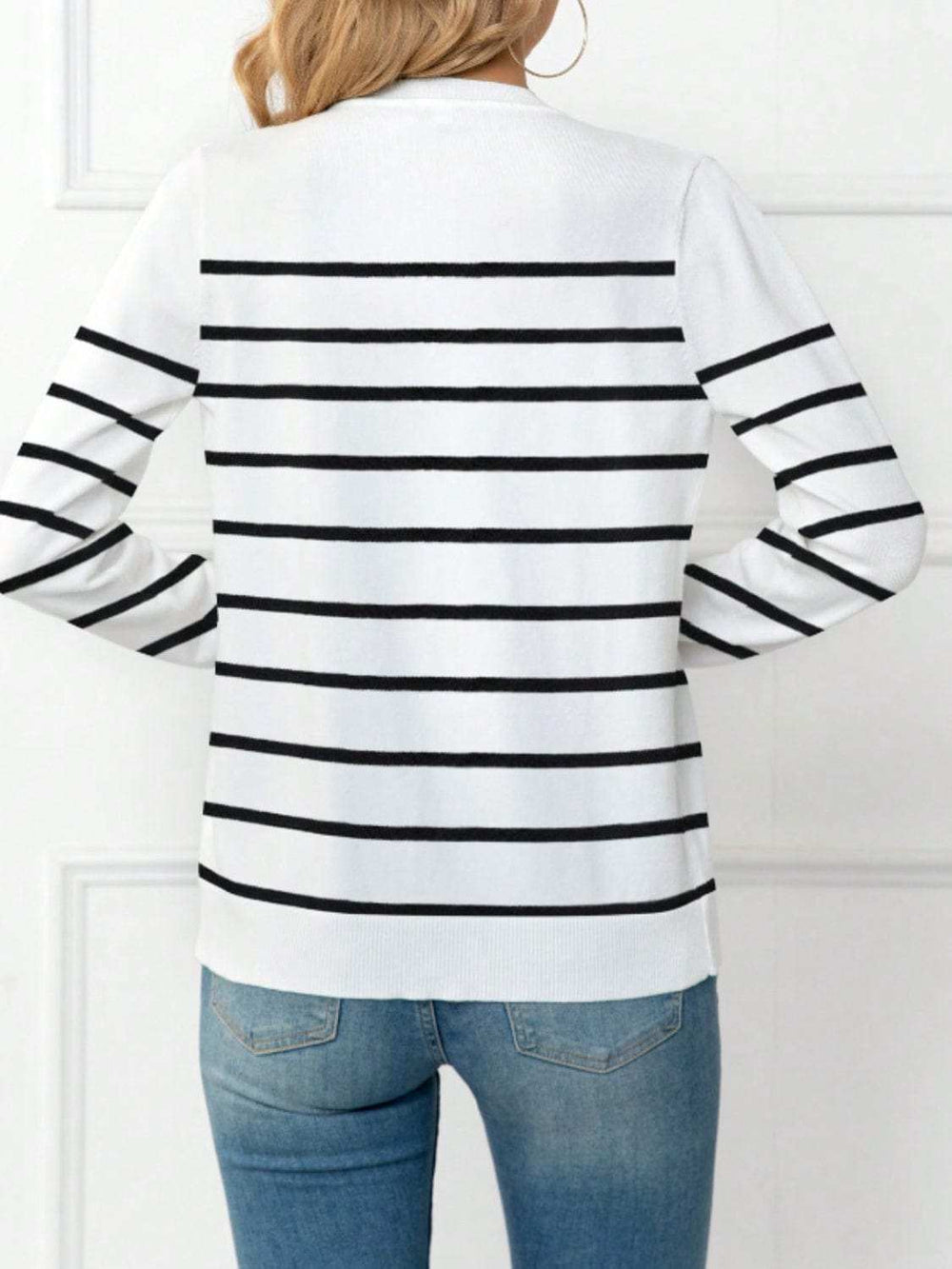 Striped Round Neck Button Up Cardigan - Trendsi - Flyclothing LLC