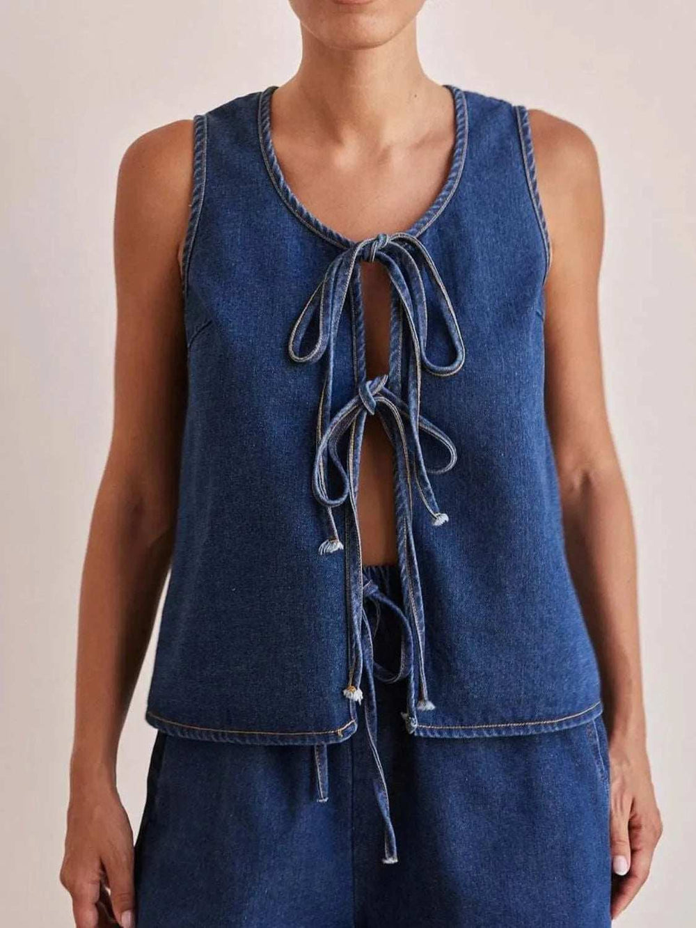 Tie Front Denim Vest - Trendsi - Flyclothing LLC