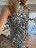 Devine Sequin Halter Neck Mini Dress - Trendsi - Flyclothing LLC